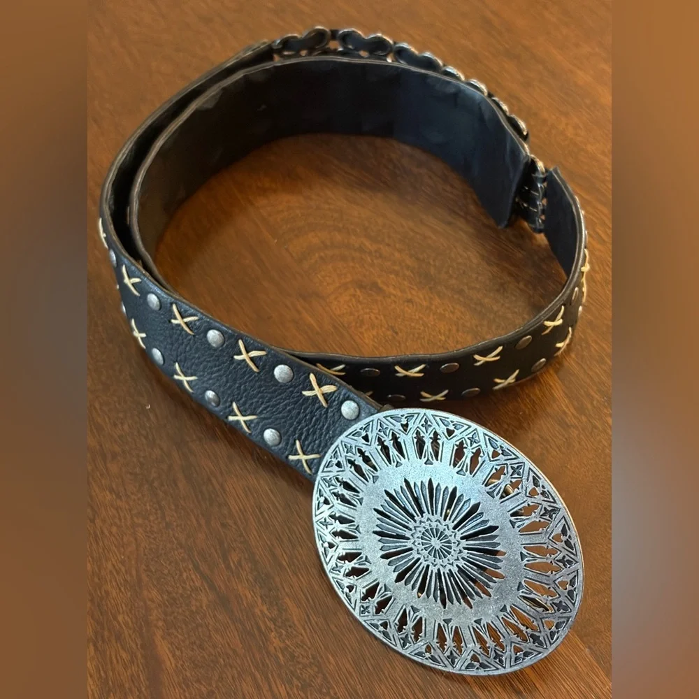 Suzi Roher Canada Western Chucky Belt Buckle Leather & Stretch Fabric Stud Belt